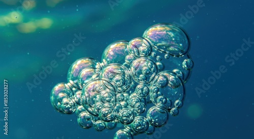 Cluster of iridescent spheres emerges within deep blue liquid medium