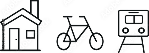 Simple line drawings of a house bicycle and parking meter