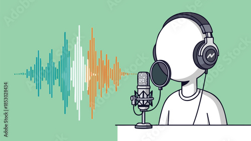 Cartoon character wearing headphones recording audio into a microphone with sound waves on a green background illustration concept