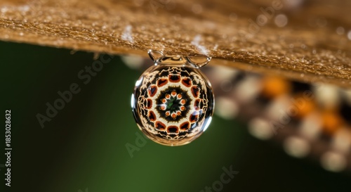 Single water droplet magnifies intricate wing pattern hanging from a textured surface