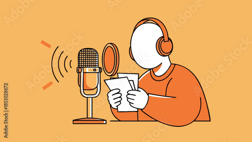 Person recording audio in a minimalist studio setting for broadcasting a podcast