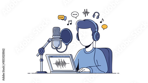 A person creating audio content with a microphone and laptop in a simple studio setting representing digital communication and broadcasting endeavors
