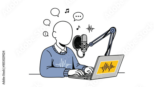Faceless person recording audio using a professional microphone and laptop in a simple studio setup on a white background an illustration for online