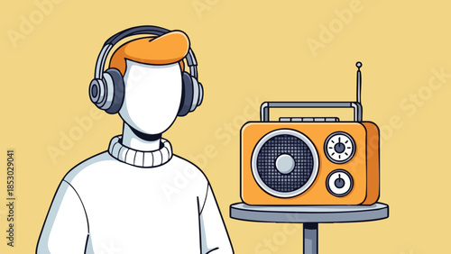 Faceless individual enjoying audio content with a classic radio set on a minimalist yellow background for digital media design