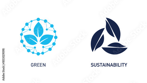 Eco-friendly logos in minimalist style with blue and navy colors on white background for corporate branding