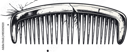 Hair Comb with Broken Teeth Illustrated in Detailed Vector Linework Highlighting Damage, Wear, and Personal Care Tool Imperfection