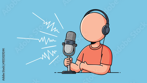 Animated character with headphones speaking into a vintage microphone with sound waves emanating outwards against a simple blue background