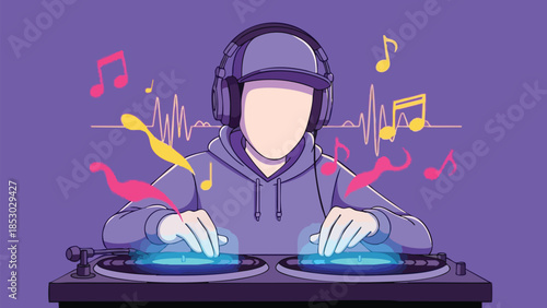 Animated DJ mixing beats with glowing turntables and musical notes surrounding a faceless figure immersed in sound waves for a vibrant party