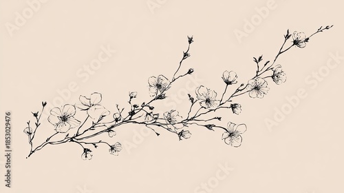 a black and white illustration of a plant branch adorned with small white flowers, gracefully arching over a solid line that represents a surface or background