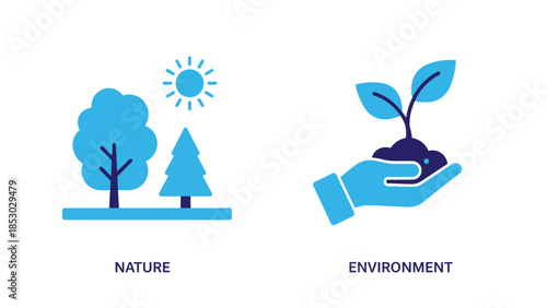 Eco-friendly icons in minimalist style with blue color scheme on white background for environmental awareness