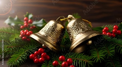 Golden bells with berries and greenery Christmas decoration
