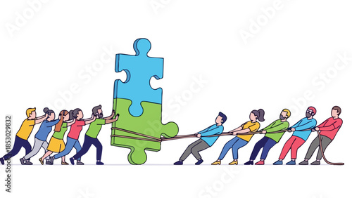 Diverse team members collaborating and pulling a large puzzle piece together on a white background symbolizing unity and shared goals in a business