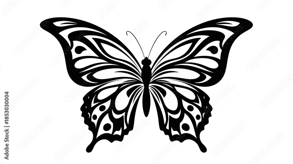 Obraz premium Elegant and stylized black butterfly with intricate wing patterns, a beautiful natural decorative element, isolated on a white background.