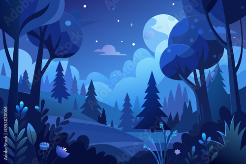 Deep blue night forest with large moon and starry sky trees stars