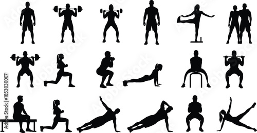 Fitness workout silhouette collection showing strength training, exercise poses, gym activities, healthy lifestyle illustration set isolated on white background
