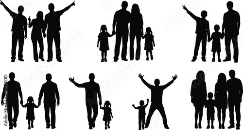 Family silhouette collection, showing parents children together happy unity love relationship parenting concept isolated on white background, vector people set