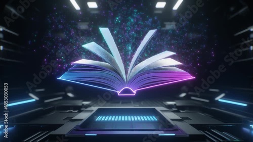Glowing purple book opens on futuristic circuit board in dark tech lab with neon lights