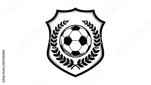 Soccer Football Ball within a Heraldic Shield with Laurel Wreaths, Isolated White Background