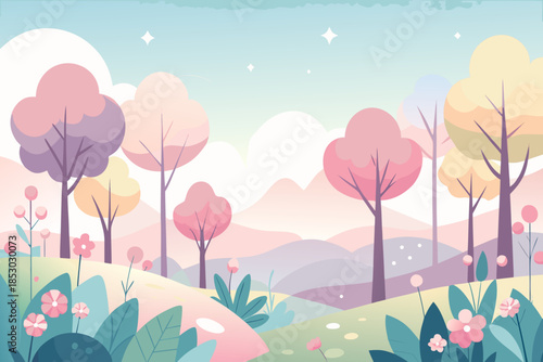 Dreamy Spring Forest Scene with Pastel Hues and Starry Sky landscape nature