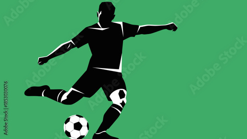 Powerful Silhouette of a Male Soccer Player Kicking a Ball on a Green Field Background