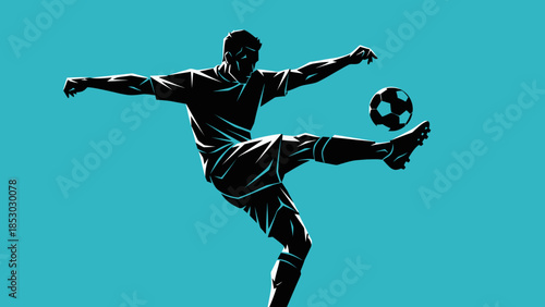 Dynamic Silhouette of a Male Soccer Player Kicking a Ball in a Bright Blue Studio