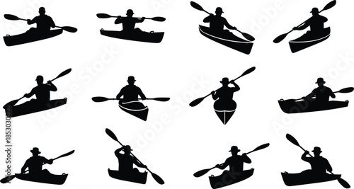 Kayaking silhouette collection showing paddlers in different poses, canoe sport activity illustration set isolated on white background