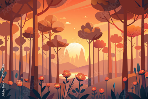 Enchanted forest at dusk with glowing flowers and distant mountains landscape nature