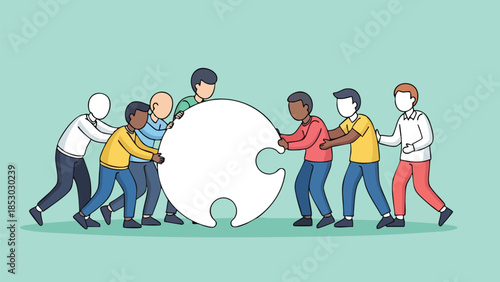 Diverse team collaboratively pushing a large puzzle piece on a solid green background symbolizing unity and collective effort