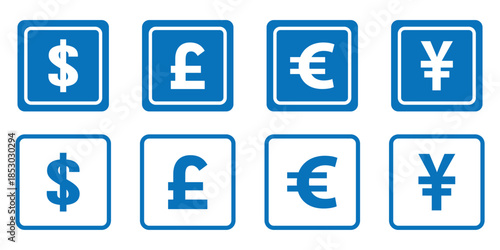 Currency symbols icons set with Dollar, Euro, Pound, Rupee, Franc, Ruble, Yen, Won . world currency icon.