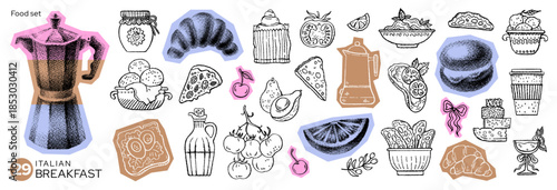 Italian brunch food. Doodle breakfast icons with coffee, pasta, wine, pizza. Italian or French brunch hand drawn line illustration. Vintage cafe breakfast sketch. Cheese, coffee, charcuterie menu bg