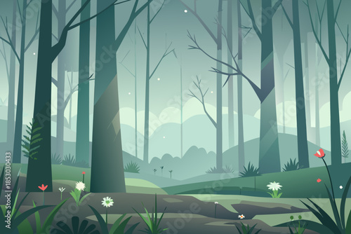 Enchanted forest scene with white and red flowers and dappled light nature landscape