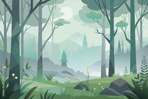 Enchanted forest landscape with glowing plants and distant mountains nature mist