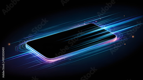 5G Network Futuristic smartphone with light trails on a dark background, symbolizing speed and technology.