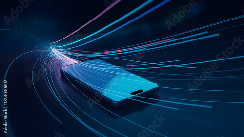 5G Network A smartphone surrounded by dynamic light streaks, symbolizing speed and connectivity.