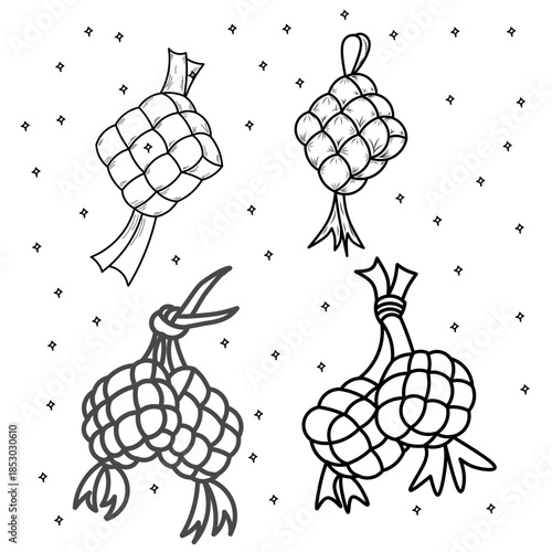 Ketupat rice dumpling asian traditional food, hand drawn of ketupat for Eid Al-Fitr, indonesian traditional food, Hand-drawn doodle ketupat 