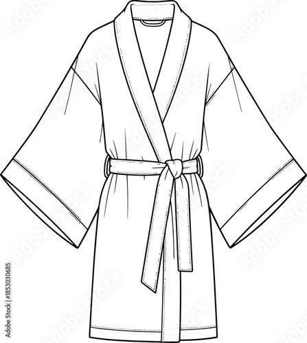 Bathrobe technical sketch, front view, shawl collar, belt tie waist, fashion CAD template, garment layout, flat vector