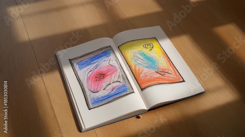 An open sketchbook lies on a wooden floor with pencil drawings of a bird.