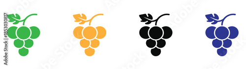 Sets icon collection of cartoon style grape bunches in various colors and leaf shapes, showcasing different artistic interpretations of grape clusters