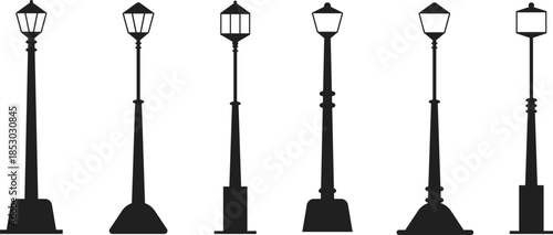Night City Icons. Street light symbols. Walkway and sidewalk lamp graphic. Safety and illumination warning signs. Urban landscape and architecture signs
