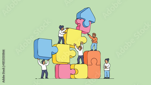 Teamwork and Collaboration Building Blocks Assemble Complex Puzzles Illustrating Synergy and Collective Effort on a Pastel Green Backdrop For