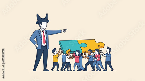 Business leader guiding team to assemble puzzle pieces representing a collaborative project effort and shared goal achievement