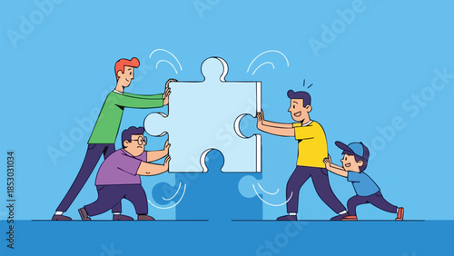 Diverse team collaborates on a puzzle piece illustration representing unity and shared effort on a plain blue backdrop designed for conceptual