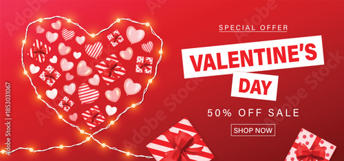 Valentine's Day Sale Banner with Heart and Gift Boxes