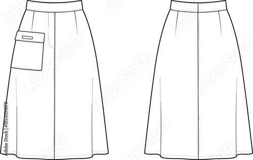 Cargo skirt front and back outline template flat vector apparel mockup fashion technical design illustration