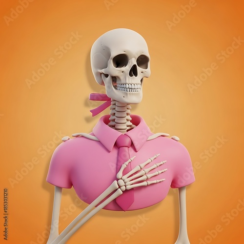 A whimsical, cartoonish skeleton figure sporting a pink collared shirt and tie, with a hand over the chest