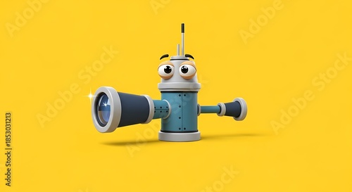 A whimsical, cartoon-like robot with inquisitive eyes. It has a telescope as one arm and a dark cylindrical protrusion on each side. The background is yellow