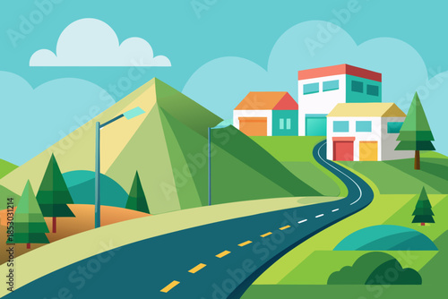 Flat design illustration of a road leading to a cluster of houses on green hills Keywords: flat design, road, houses, cluster, hills, nature