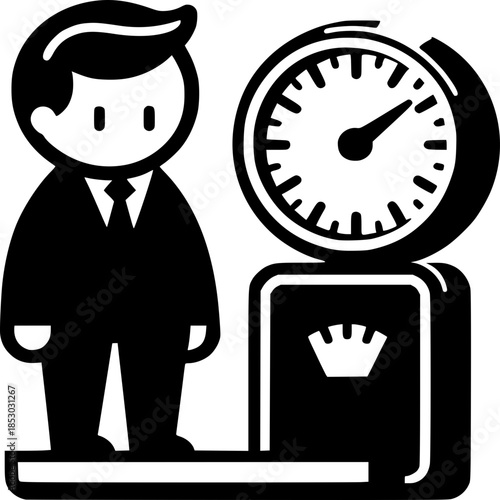 Weight Assessment: An illustrated figure stands on a scale, symbolizing a focus on health and well-being, the weighing process in progress.