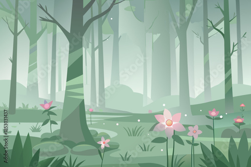 Gentle forest clearing with pink flowers and soft sunlight nature landscape