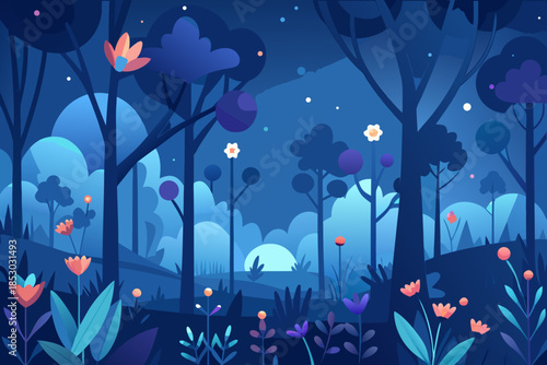 Magical night forest with vibrant glowing flowers and moonlit sky trees stars